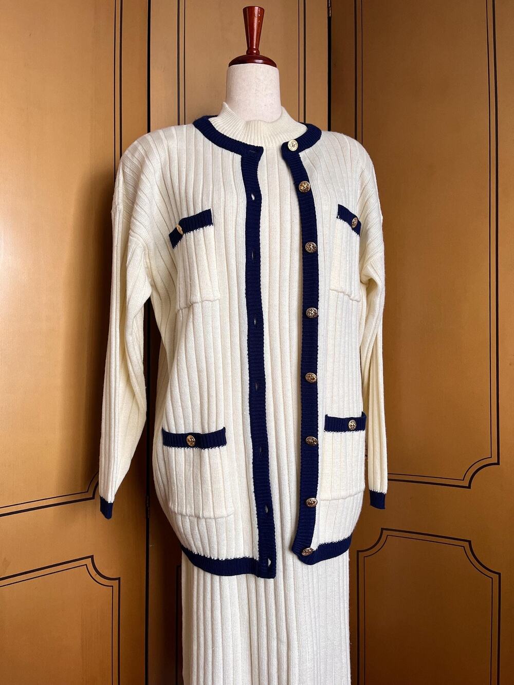 Vintage dress and cardigan set in white and navy, size L